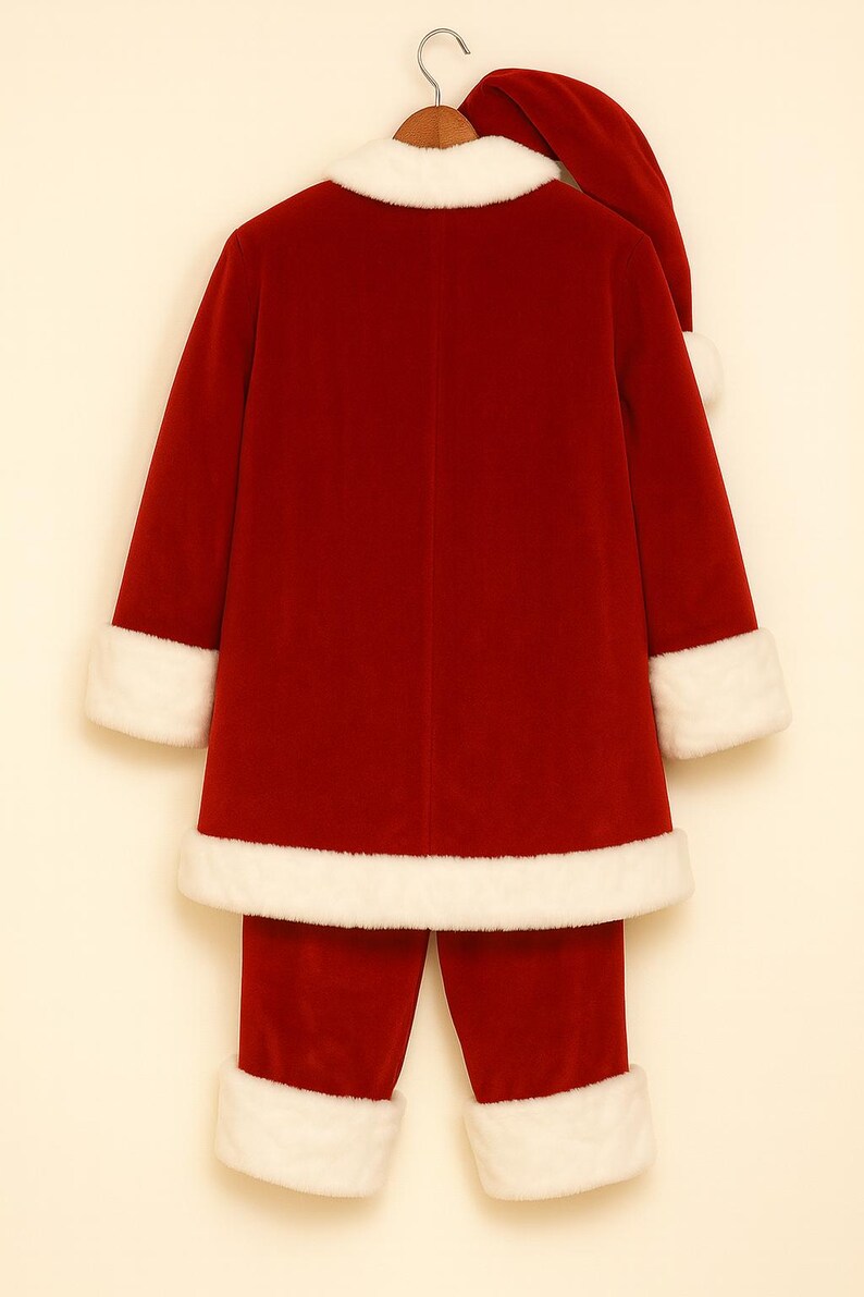 May include: A red velvet jacket and matching trousers set featuring white faux fur trim on the collar, sleeve cuffs, and hem. The jacket includes a long-sleeved design, and the set is accompanied by a matching red velvet hat with white fur trim.