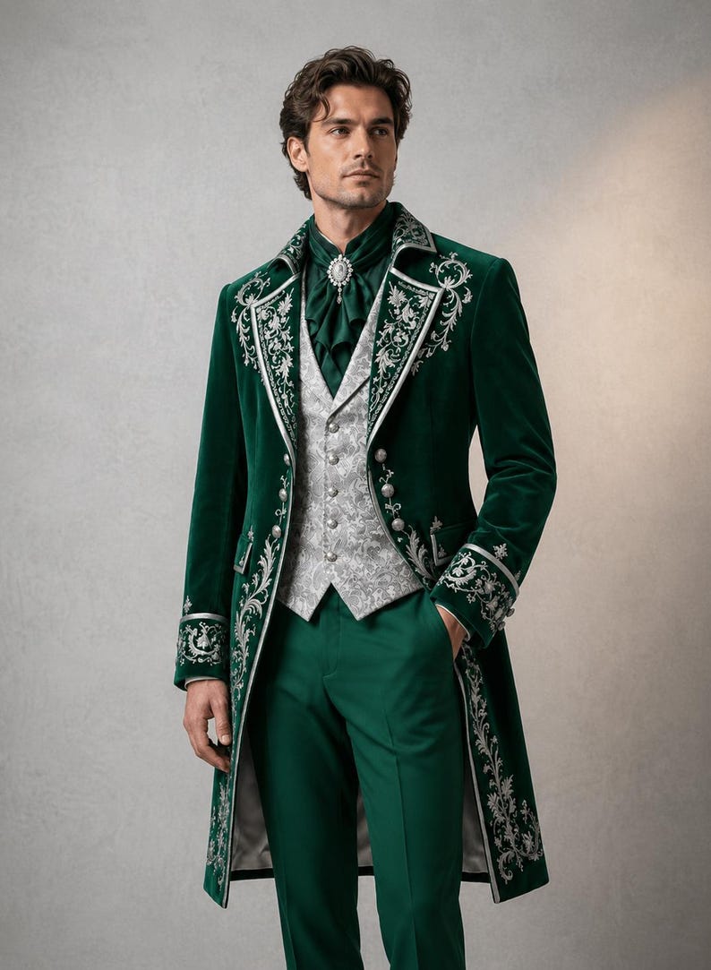 Puede incluir: Una levita de terciopelo verde oscuro con bordados florales plateados en las solapas y pu&ntilde;os, combinada con un chaleco gris claro estampado, pantalones verdes a juego y un corbat&oacute;n verde oscuro sujeto con un broche plateado en el cuello.