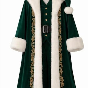 May include: A dark green velvet coat and matching vest set featuring white faux fur trim on the collar, cuffs, and hem. The coat includes intricate gold embroidery along the front edges. A black belt with a buckle is worn over the green vest.
