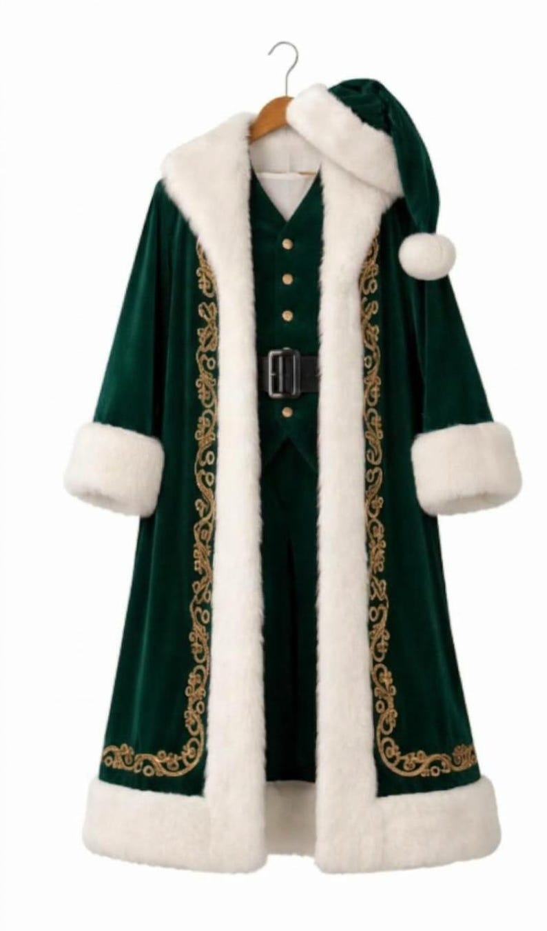 May include: A dark green velvet coat and matching vest set featuring white faux fur trim on the collar, cuffs, and hem. The coat includes intricate gold embroidery along the front edges. A black belt with a buckle is worn over the green vest.