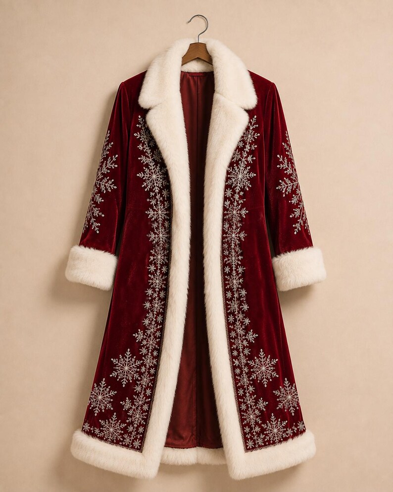 May include: A long, deep red velvet coat featuring a thick white faux fur collar and cuffs. The front panels and sleeves are decorated with intricate silver embroidered snowflake patterns that run vertically along the edges and down the arms.