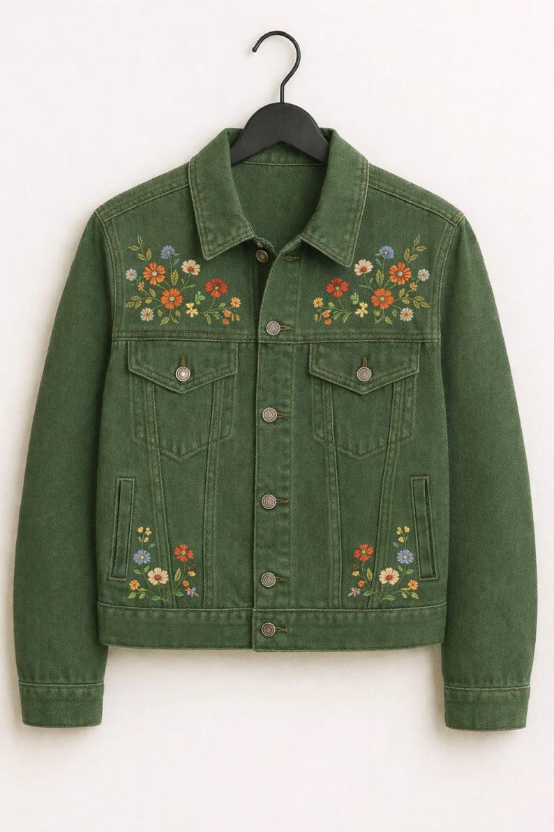May include: A forest green denim jacket featuring a classic collar, long sleeves, and a button-up front. The jacket is decorated with embroidered floral patterns in shades of orange, yellow, and light blue on the chest and lower front pockets.