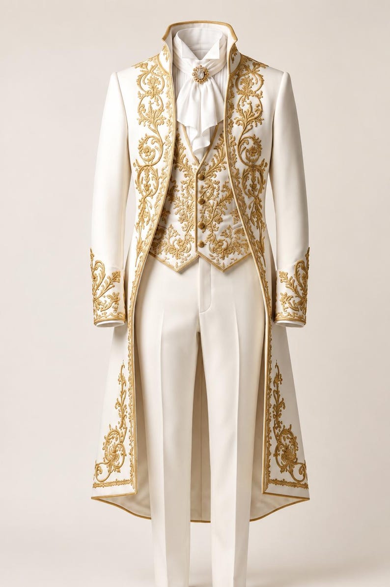 May include: A cream-colored tailcoat suit featuring intricate gold embroidery along the lapels, cuffs, and vest. The ensemble includes a white pleated shirt with a cravat secured by a central brooch, paired with matching cream-colored trousers.