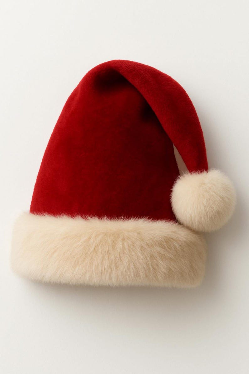 May include: A deep red velvet Santa hat featuring a thick, cream-colored faux fur trim around the base and a matching fluffy pom-pom attached to the tip. The hat has a soft, plush texture and a classic conical shape that folds over to one side.