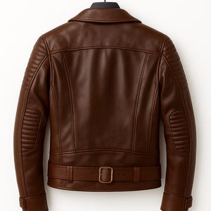 Puede incluir: Chaqueta de cuero marr&oacute;n con un dise&ntilde;o cl&aacute;sico, con cuello con solapas, acolchado en hombros y codos, y cintur&oacute;n en la cintura. La chaqueta est&aacute; colgada de una percha negra sobre un fondo blanco.