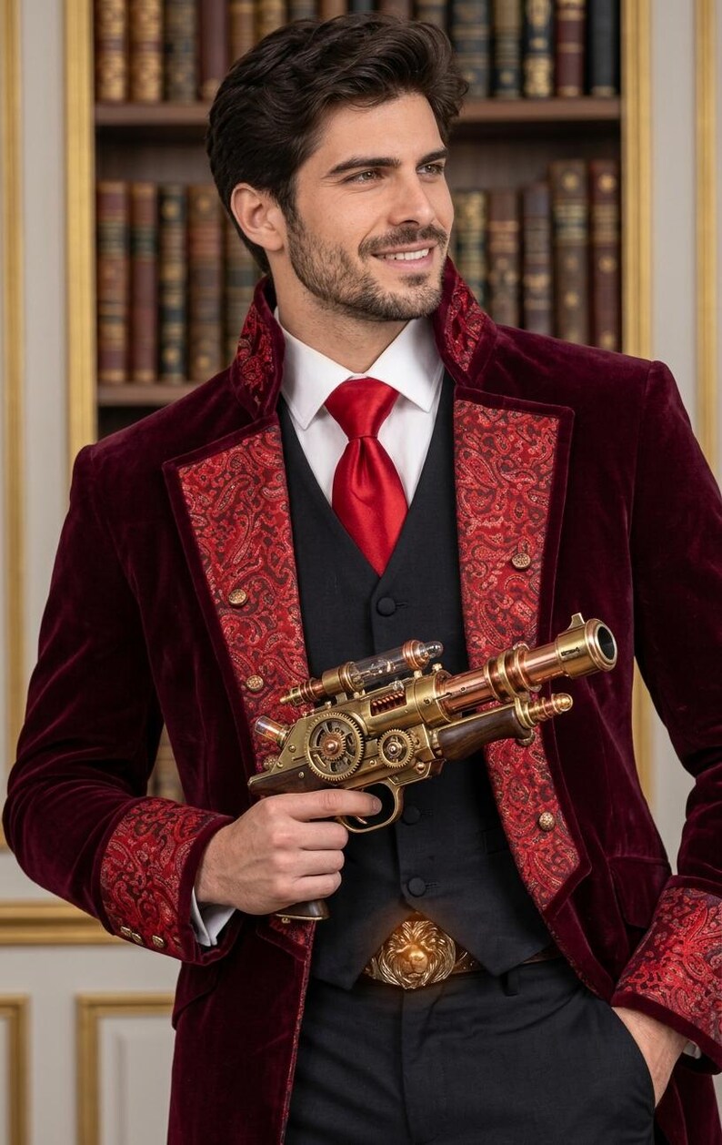 Puede incluir: Un abrigo de terciopelo color burdeos profundo con solapas y pu&ntilde;os de cachemira roja, sobre un chaleco negro, camisa blanca y corbata roja. Una pistola de utiler&iacute;a estilo steampunk de metal dorado con engranajes y un tubo de vidrio.