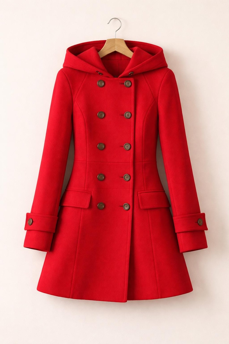 May include: A vibrant red double-breasted coat featuring a hood, long sleeves with buttoned cuffs, and two rows of dark brown buttons down the front. The coat includes two flap pockets at the waist and is displayed on a wooden hanger.