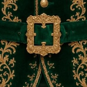 May include: A deep green velvet vest featuring intricate gold embroidery along the front panels and a wide matching belt secured with a large, ornate, rectangular gold-toned metal buckle with detailed scrollwork and a central prong.