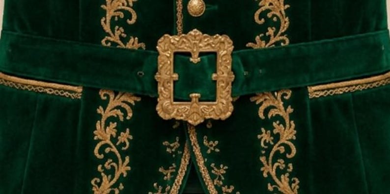 May include: A deep green velvet vest featuring intricate gold embroidery along the front panels and a wide matching belt secured with a large, ornate, rectangular gold-toned metal buckle with detailed scrollwork and a central prong.