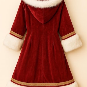May include: A deep red velvet coat featuring a hood trimmed with white faux fur. The coat includes long sleeves with white faux fur cuffs, a hemline bordered with white faux fur, and gold-toned decorative trim accents on the sleeves and hem.