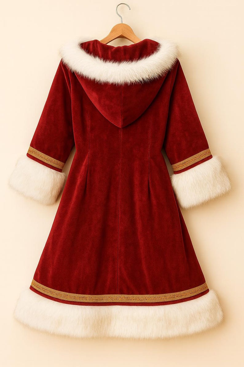 May include: A deep red velvet coat featuring a hood trimmed with white faux fur. The coat includes long sleeves with white faux fur cuffs, a hemline bordered with white faux fur, and gold-toned decorative trim accents on the sleeves and hem.
