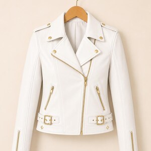 May include: A white faux leather biker jacket with gold-tone metal hardware. It has a notched collar, an asymmetrical zip, and multiple zip pockets. The jacket also features a belted waist and is displayed on a wooden hanger.