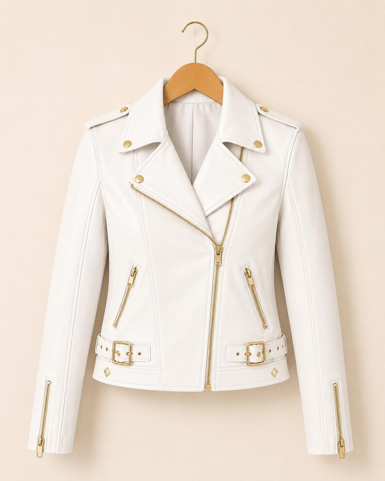 May include: A white faux leather biker jacket with gold-tone metal hardware. It has a notched collar, an asymmetrical zip, and multiple zip pockets. The jacket also features a belted waist and is displayed on a wooden hanger.