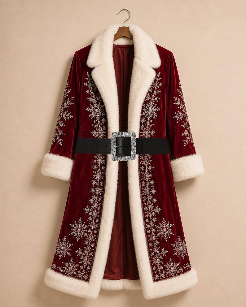 May include: A long, deep red velvet coat featuring white faux fur trim on the collar, cuffs, and front edges. The coat is decorated with intricate silver snowflake embroidery and includes a wide black belt with a large, rectangular crystal buckle.
