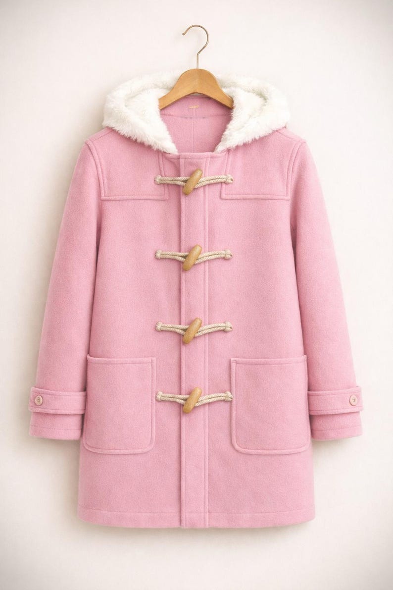 May include: A pink duffel coat with a white faux fur-lined hood. The coat features wooden toggles, two front pockets, and buttoned cuffs. It is hanging on a wooden hanger against a white background.