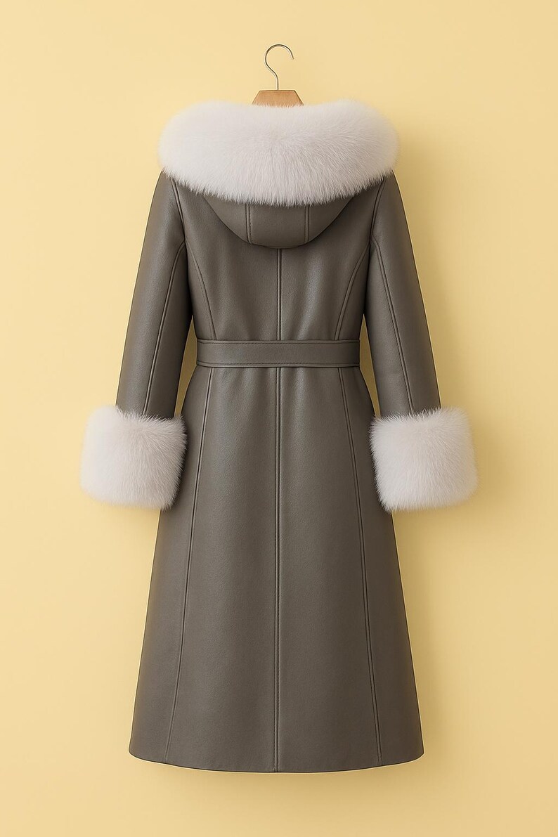 May include: A long, olive-green coat with a hood and a belt. The hood and cuffs are trimmed with white fur. The coat is hanging on a hook against a yellow background.