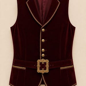 Pu&ograve; includere: Un gilet in velluto bordeaux intenso con revers a dente rifinito da un bordo intrecciato dorato, quattro bottoni dorati rotondi e una cintura in vita con una grande fibbia rettangolare dorata decorata. Due tasche orizzontali con bordo dorato.