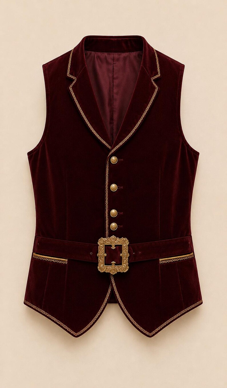 Pu&ograve; includere: Un gilet in velluto bordeaux intenso con revers a dente rifinito da un bordo intrecciato dorato, quattro bottoni dorati rotondi e una cintura in vita con una grande fibbia rettangolare dorata decorata. Due tasche orizzontali con bordo dorato.