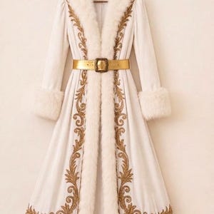 May include: A long white coat featuring a thick white faux fur collar, cuffs, and hem. The coat is decorated with intricate gold embroidery along the front panels and is cinched at the waist with a metallic gold belt featuring a rectangular buckle.
