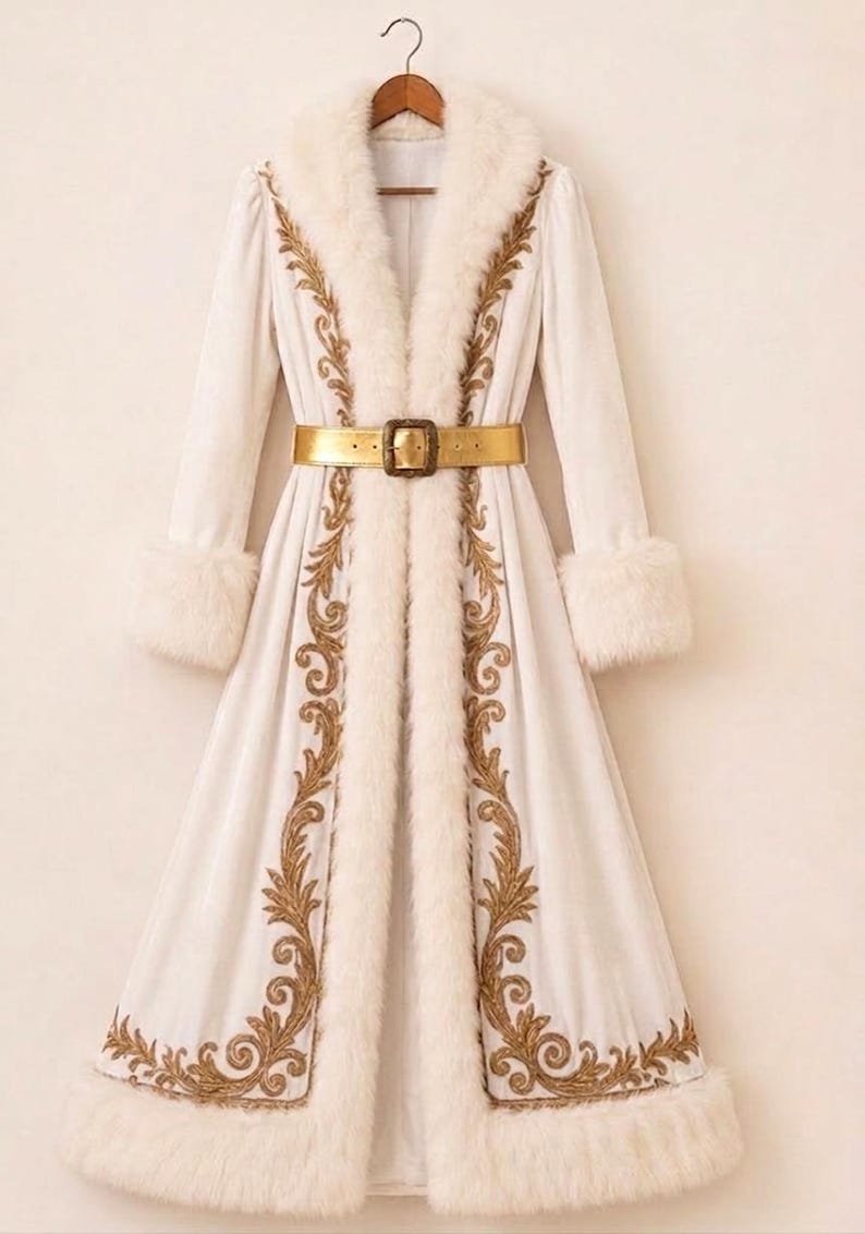 May include: A long white coat featuring a thick white faux fur collar, cuffs, and hem. The coat is decorated with intricate gold embroidery along the front panels and is cinched at the waist with a metallic gold belt featuring a rectangular buckle.