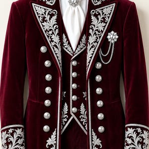Pu&ograve; includere: Un frac e un gilet in velluto bordeaux intenso con intricati ricami floreali argentati sui risvolti, sui polsini e sul davanti. L'insieme include bottoni argentati, una cravatta bianca con spilla di cristallo e una spilla a catena argentata.