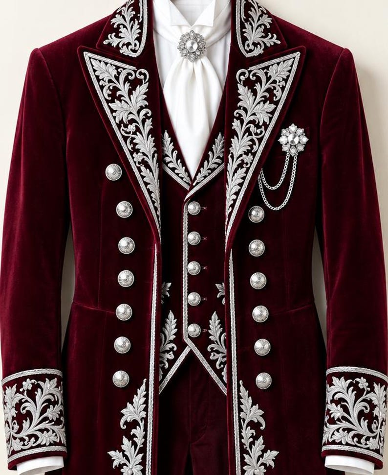 Pu&ograve; includere: Un frac e un gilet in velluto bordeaux intenso con intricati ricami floreali argentati sui risvolti, sui polsini e sul davanti. L'insieme include bottoni argentati, una cravatta bianca con spilla di cristallo e una spilla a catena argentata.