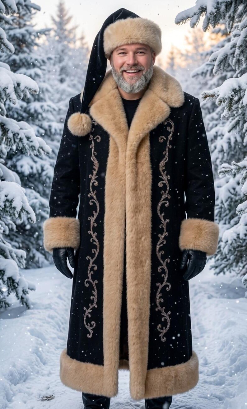May include: A long black coat with tan faux fur trim on the collar, cuffs, and hem, featuring intricate silver embroidery along the front panels. The coat is paired with a matching black hat with a tan fur band and a dangling pom-pom.