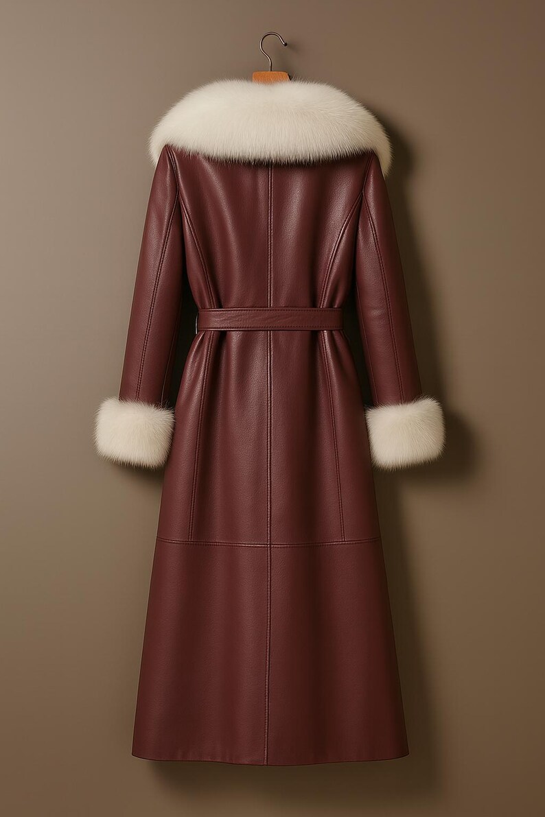 Pu&ograve; includere: Un lungo cappotto in pelle bordeaux con collo e polsini in pelliccia bianca, appeso a una gruccia di legno. Il cappotto ha una cintura in vita e cuciture dettagliate. I materiali lussuosi suggeriscono un capo di alta moda.