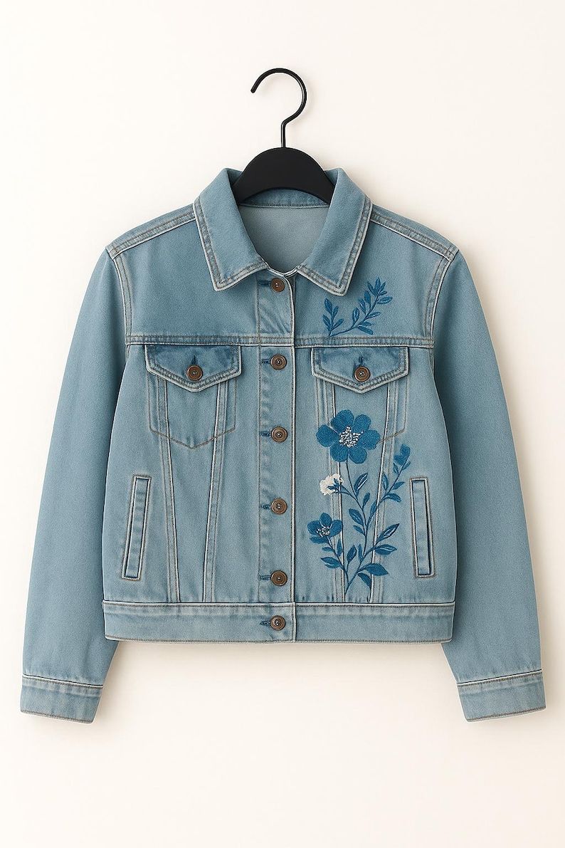 以下が含まれることがあります： ブルーデニムジャケット、ブルーと白の花柄刺繍入り。 ジャケットはクラシックな襟、ボタン留め、2つの胸ポケット、2つのサイドポケット付き。 黒いハンガーにかかっています。