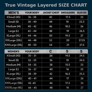 May include: A True Vintage Layered size chart with two tables. The top table lists sizes from XS to 3XL with columns for body, jacket chest, shoulders, and sleeves in inches. The bottom table lists sizes from XS to 4XL with corresponding measurements.
