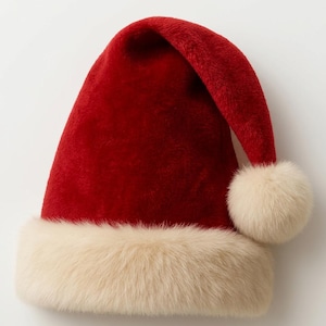 May include: A plush Santa hat featuring a deep red velvet-textured body with a thick, cream-colored faux fur trim around the base and a matching cream-colored pom-pom attached to the tip of the folded-over crown, creating a soft, festive look.