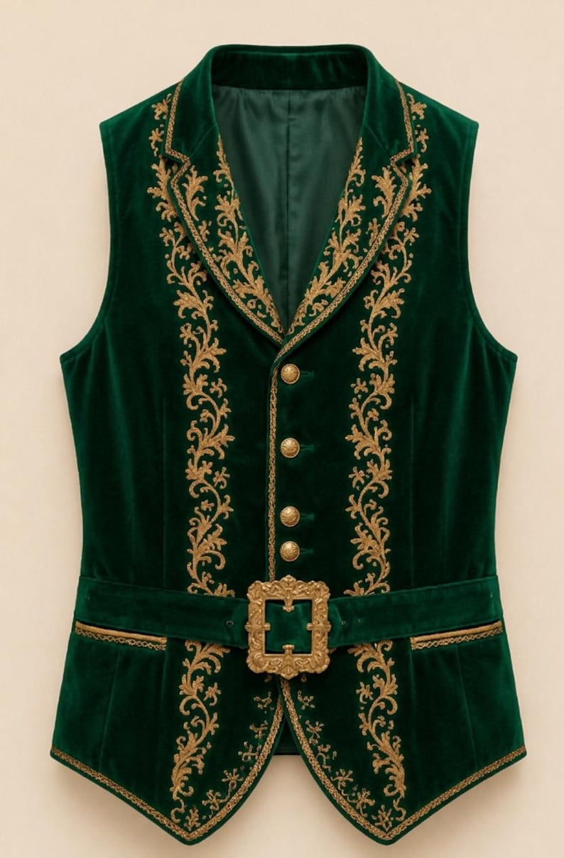 May include: A dark green velvet vest featuring intricate gold embroidery along the lapels and front panels. The garment includes four gold-toned buttons down the center and a matching gold-toned buckle on a horizontal belt across the waist.