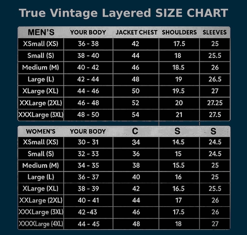 May include: A True Vintage Layered size chart with white text on a dark background. It displays two tables for body measurements, jacket chest, shoulders, and sleeves in inches, categorized by size from XSmall to XXXLarge or XXXXLarge for different fits.