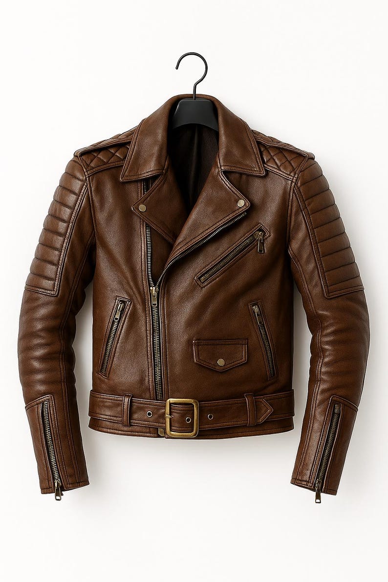 Puede incluir: Chaqueta de cuero marr&oacute;n estilo motero con cuello con solapas, m&uacute;ltiples bolsillos con cremallera y cintur&oacute;n en la cintura. La chaqueta presenta detalles acolchados en hombros y brazos, y cierre frontal con cremallera. Colgada en una percha negra.