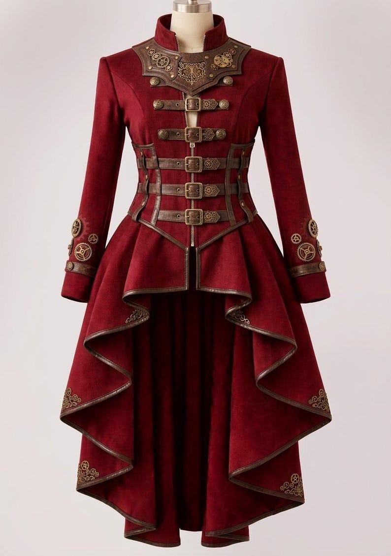 May include: A deep red long-sleeved jacket featuring a high collar, a front zipper, and four horizontal brown buckled straps across the torso. The jacket has a high-low hemline, brown trim, and decorative metallic gear accents on the chest and cuffs.