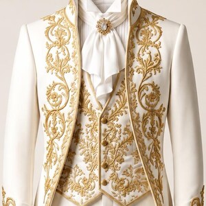 May include: A white jacket and vest set featuring intricate gold embroidery along the lapels and front panels. The ensemble includes a white cravat secured with a central gold-toned brooch, and the vest is fastened with four small gold buttons.