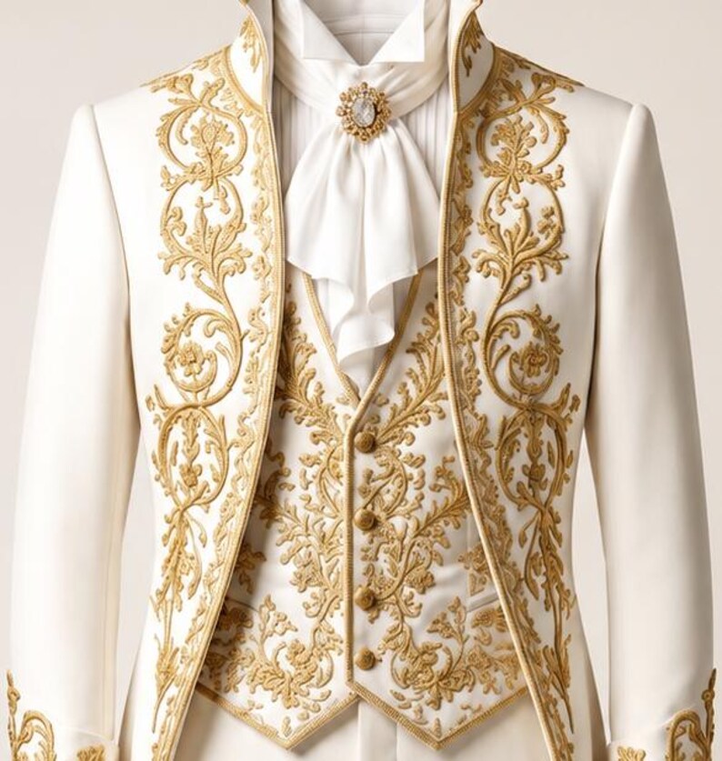 May include: A white jacket and vest set featuring intricate gold embroidery along the lapels and front panels. The ensemble includes a white cravat secured with a central gold-toned brooch, and the vest is fastened with four small gold buttons.