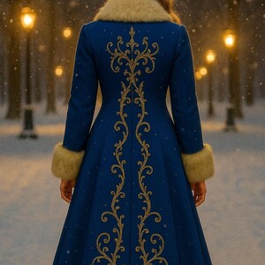 May include: A long, royal blue coat featuring a cream-colored fur collar, fur-trimmed cuffs, and a wide fur-trimmed hem. The back of the coat is decorated with an intricate, vertical gold-colored embroidery pattern that runs down the center.