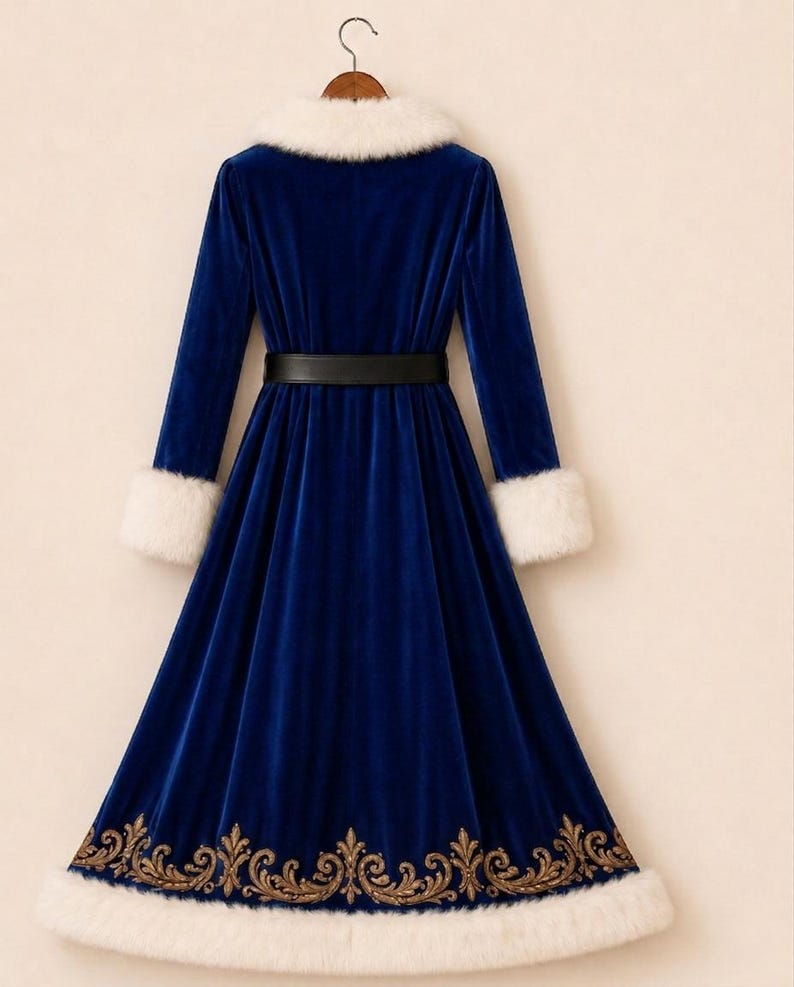 May include: A long-sleeved royal blue velvet coat featuring a white faux fur collar and cuffs. The coat includes a black belt at the waist and a gold-colored embroidered floral pattern along the bottom hem, which is also trimmed with white faux fur.