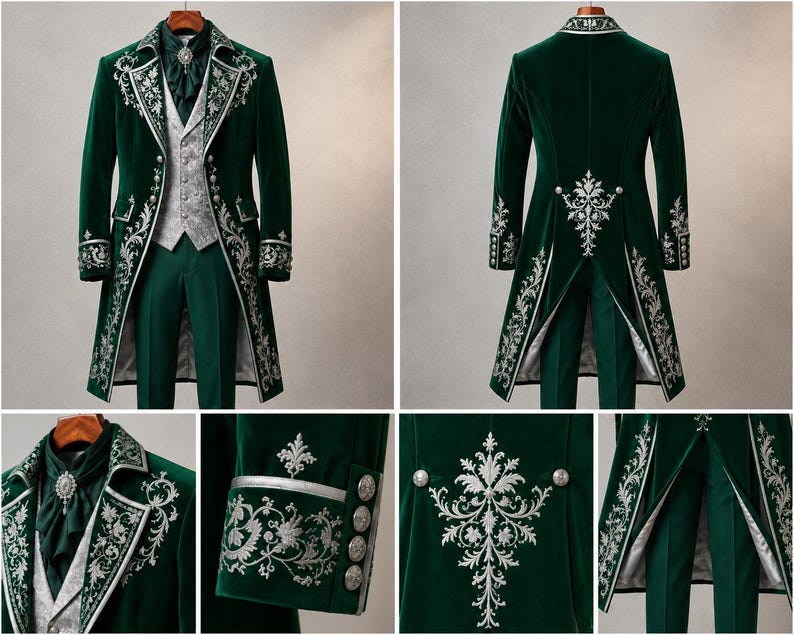 Puede incluir: Un traje de frac de terciopelo verde oscuro con intrincados bordados plateados en las solapas, pu&ntilde;os y espalda. El conjunto incluye un chaleco gris claro estampado, un corbat&oacute;n verde oscuro con un broche plateado y pantalones a juego.