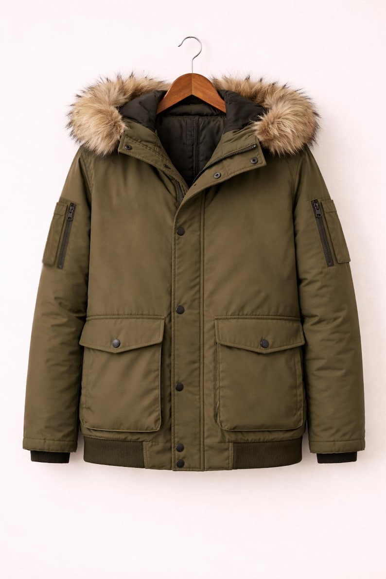 May include: Olive green winter parka with a faux fur-trimmed hood. The jacket has a black lining, multiple pockets, and a ribbed hem and cuffs. It fastens with buttons and a zip. The parka is hanging on a wooden hanger.