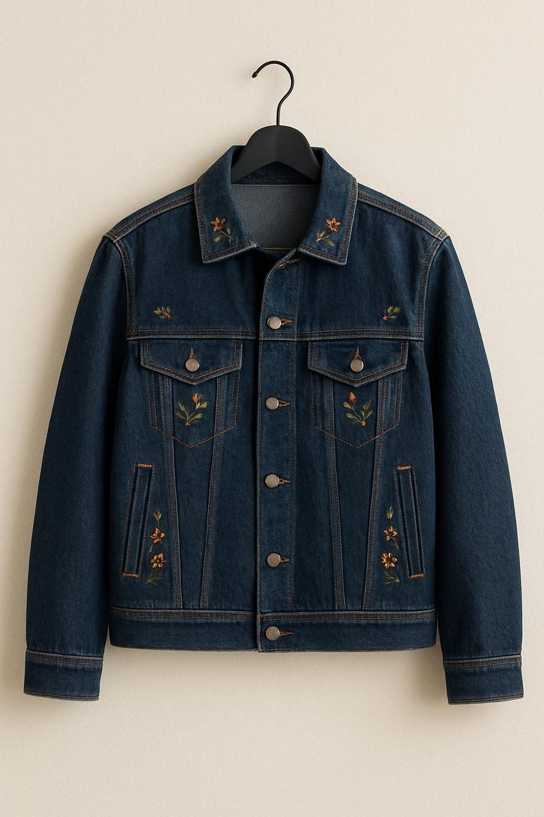 May include: A dark blue denim jacket with floral embroidery in yellow and green. The jacket features a classic design with two chest pockets, two side pockets, and button closures. It is hanging on a black hanger.