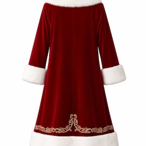 May include: A deep red velvet coat featuring a white faux fur collar and matching white faux fur cuffs at the sleeves and hem. The lower back of the coat is decorated with an intricate gold embroidered scrollwork pattern.
