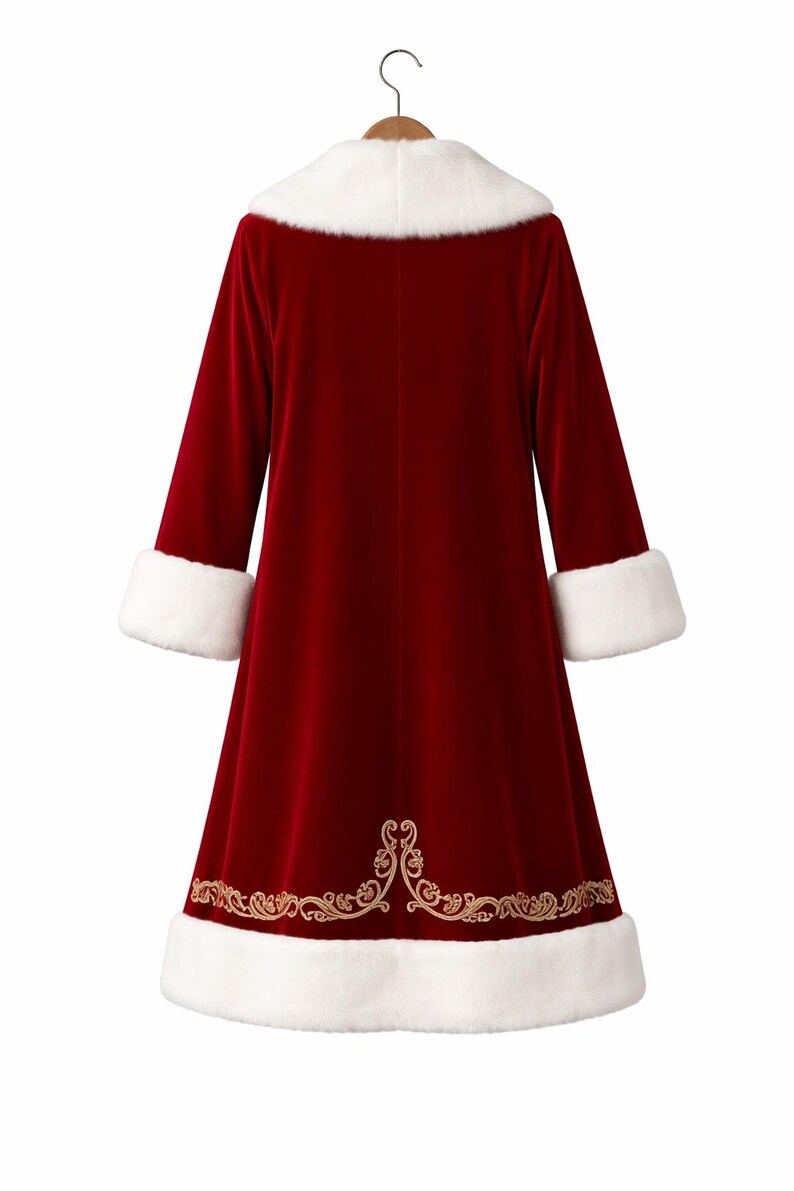 May include: A deep red velvet coat featuring a white faux fur collar and matching white faux fur cuffs at the sleeves and hem. The lower back of the coat is decorated with an intricate gold embroidered scrollwork pattern.