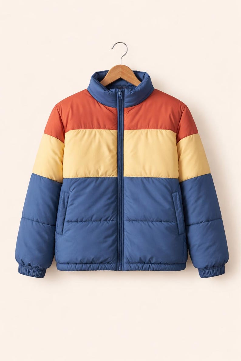 Retro Color Block Puffer Jacket, Unisex Winter Warm Coat Casual Streetwear Zip Up Outerwear image 1