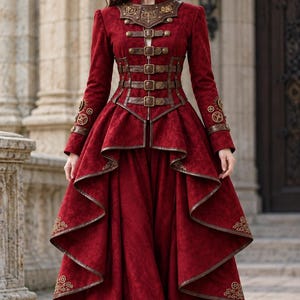 May include: A deep red long-sleeved coat with a high collar, featuring brown leather-like straps with buckles across the front, metallic gear-shaped embellishments on the cuffs and collar, and a layered, high-low hemline with textured fabric.