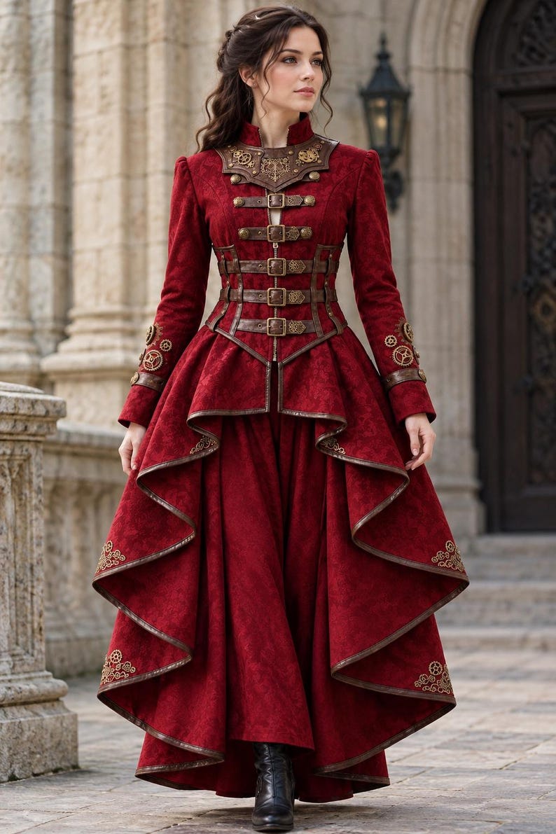 May include: A deep red long-sleeved coat with a high collar, featuring brown leather-like straps with buckles across the front, metallic gear-shaped embellishments on the cuffs and collar, and a layered, high-low hemline with textured fabric.