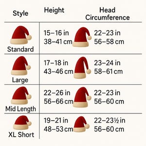 May include: A size chart for red and white Santa hats featuring four styles: Standard, Large, Mid Length, and XL Short. The table lists height and head circumference measurements in both inches and centimeters for each hat style shown in the graphic.