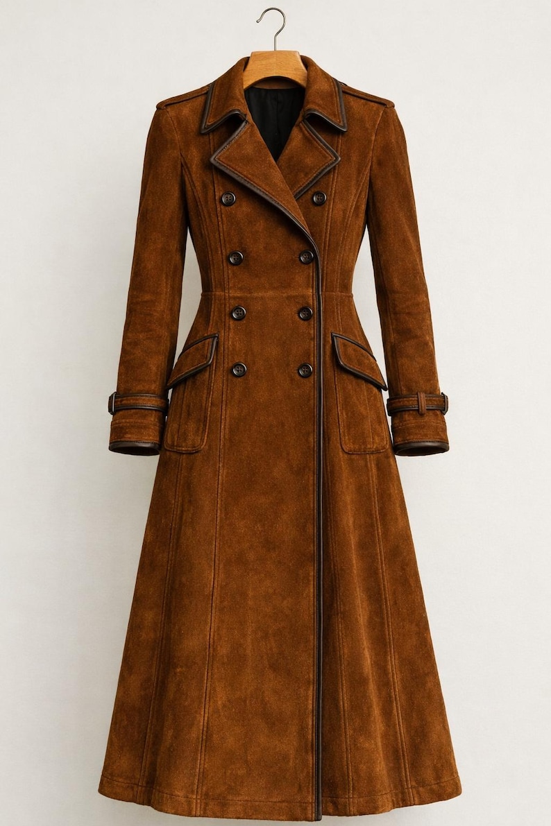 Women Vintage Brown Suede Coat, Long Lapel Collar Overcoat image 1