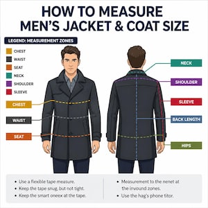 May include: An instructional diagram titled HOW TO MEASURE JACKET & COAT SIZE showing front and back views of a dark coat. Colored lines and labels indicate measurement zones including chest, waist, seat, neck, shoulder, sleeve, back length, and hips.